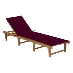 Pemberly Row Acacia Wood Foldable Sun Lounger with Cushion in Wine Red