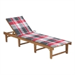 Pemberly Row Acacia Wood Foldable Sun Lounger with Plaid Cushion in Brown