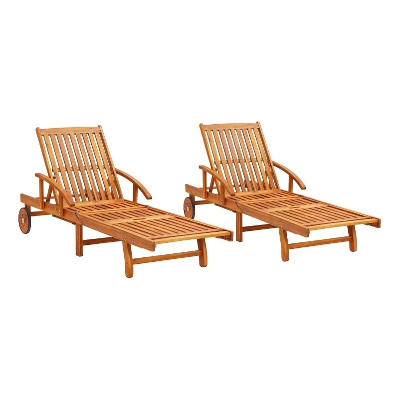 Pemberly Row Solid Acacia Wood Sun Lounger Set of 2 with Wheels in Brown