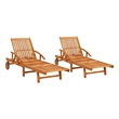 Pemberly Row Solid Acacia Wood Sun Lounger Set of 2 with Wheels in Brown