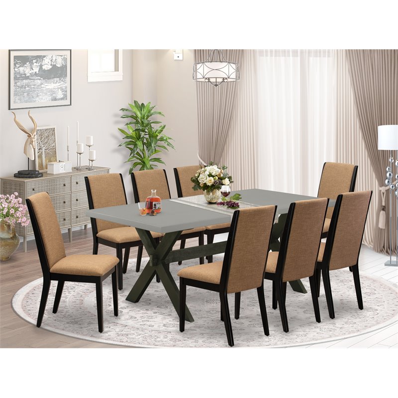 Pemberly Row 9-Piece Wire Brushed Black Wood Dining Set with Sable Chairs