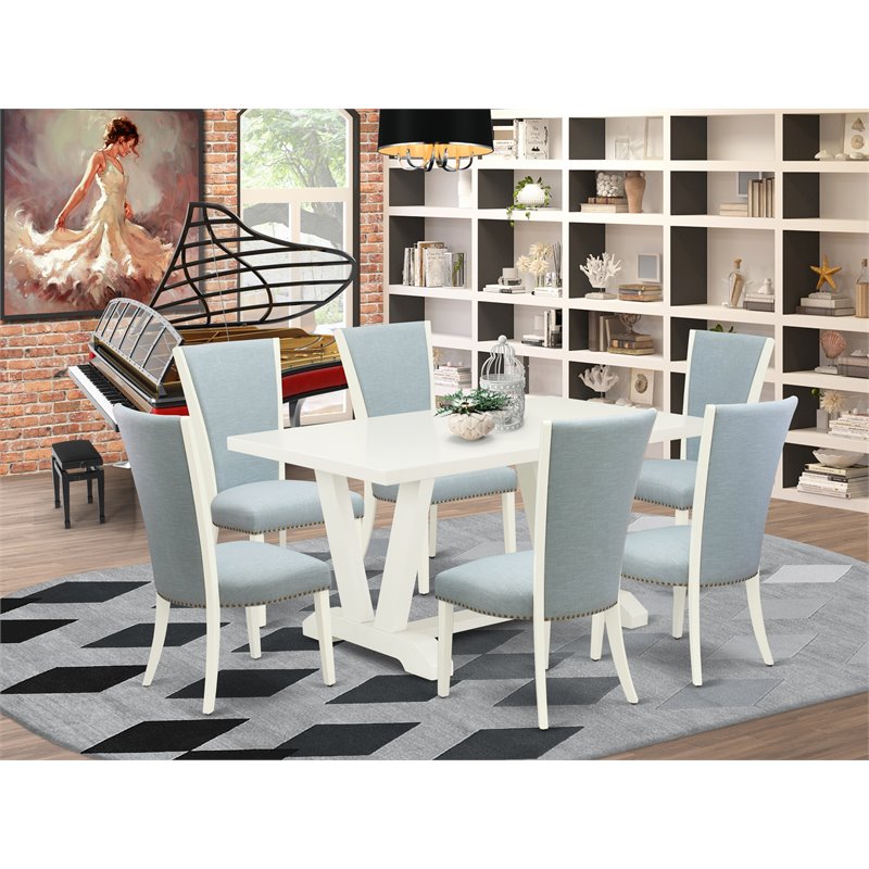 Pemberly Row 7-Piece Rubberwood Dining Set in Linen White and Baby Blue