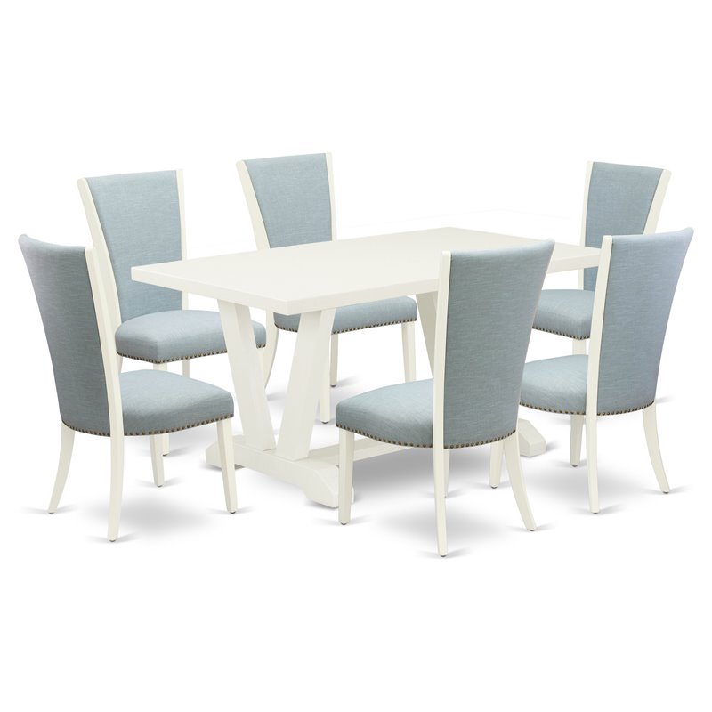 Pemberly Row 7-Piece Rubberwood Dining Set in Linen White and Baby Blue
