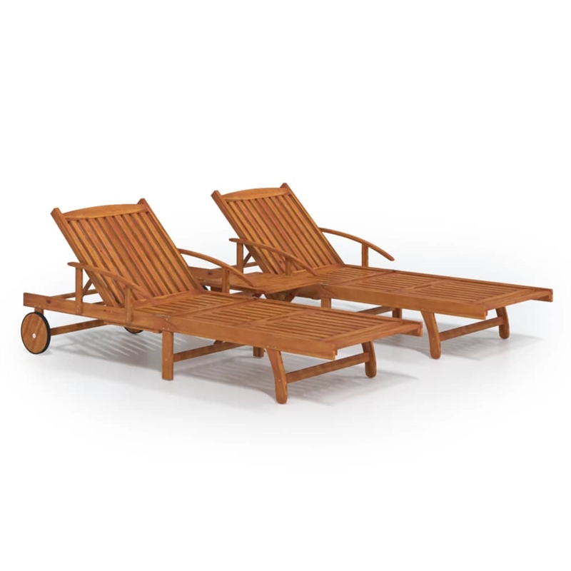 Pemberly Row Foldable Acacia Wood 2-Person Sun Lounger with Table in Brown