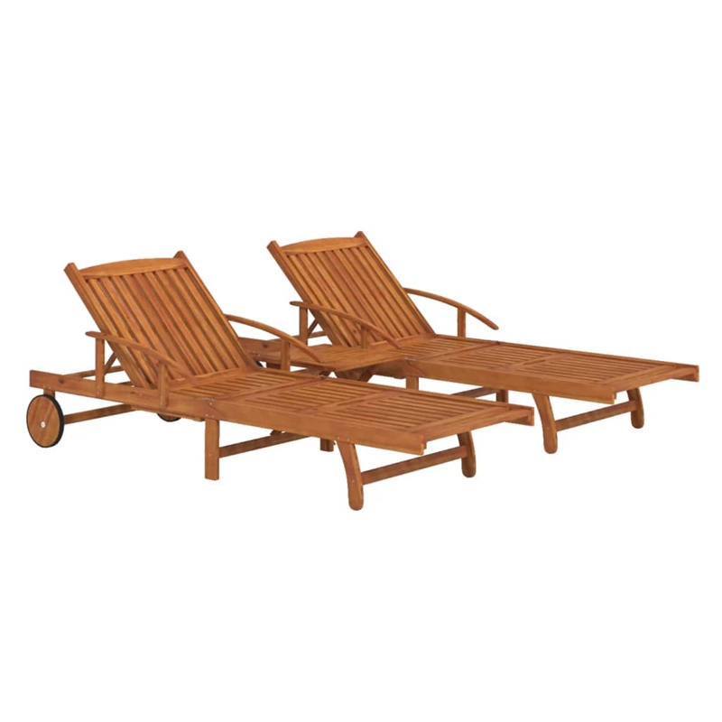 Pemberly Row Foldable Acacia Wood 2-Person Sun Lounger with Table in Brown