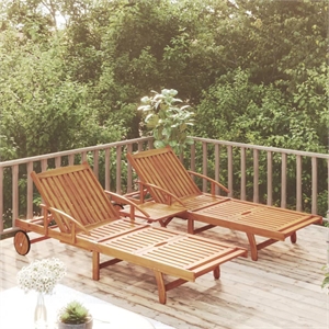 Pemberly Row Foldable Acacia Wood 2-Person Sun Lounger with Table in Brown