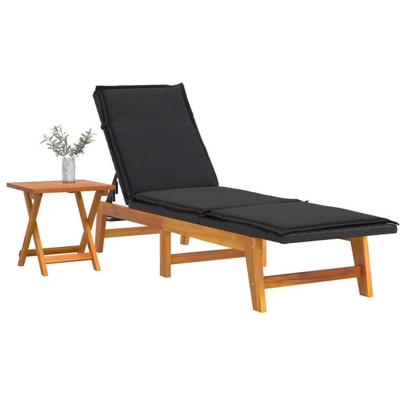 Pemberly Row Acacia and PE Rattan Sun Lounger with Table in Black/Brown
