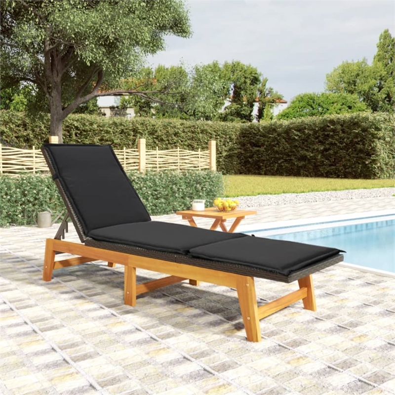 Pemberly Row Acacia and PE Rattan Sun Lounger with Table in Black/Brown