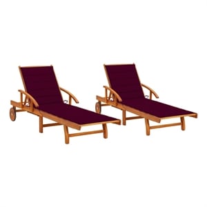 Pemberly Row Acacia Wood Sun Lounger Set of 2 with Wheels in Red Cushions