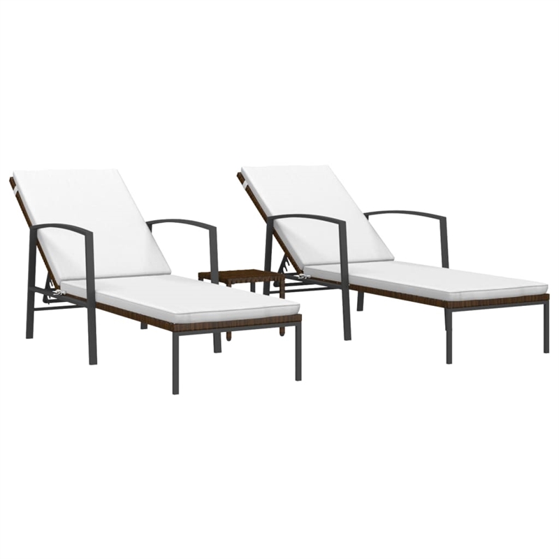Pemberly Row PE Rattan Adjustable Sun Lounger and Table in Brown (Set of 3)