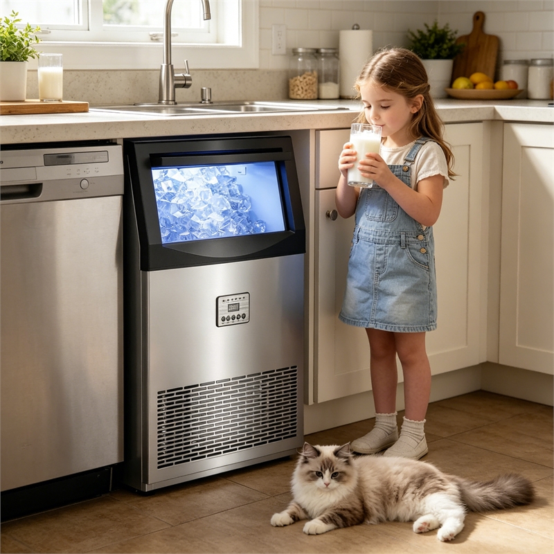 Pemberly Row Stainless Steel Ice Maker 200 lbs Daily 45 lbs Storage