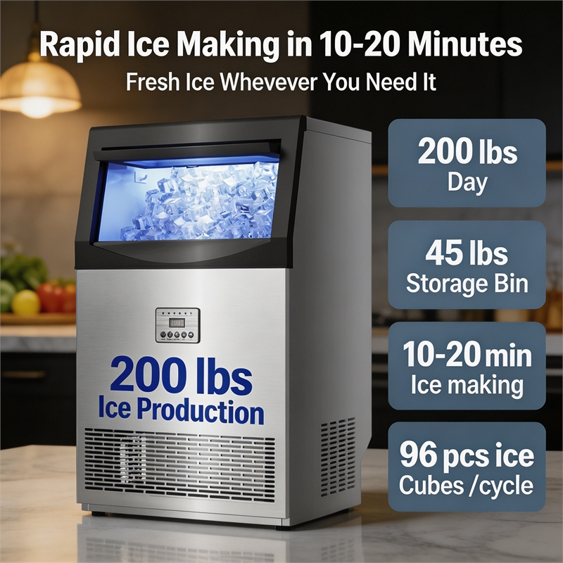 Pemberly Row Stainless Steel Ice Maker 200 lbs Daily 45 lbs Storage