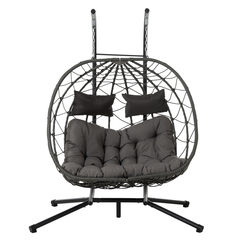 Pemberly Row Gray Steel 2-Person Foldable Hanging Egg Chair with Stand