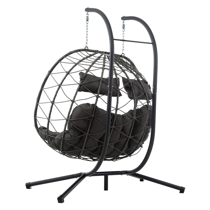 Pemberly Row Gray Steel 2-Person Foldable Hanging Egg Chair with Stand