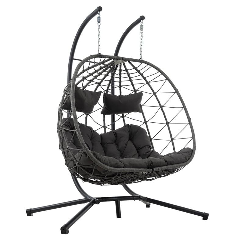 Pemberly Row Gray Steel 2-Person Foldable Hanging Egg Chair with Stand