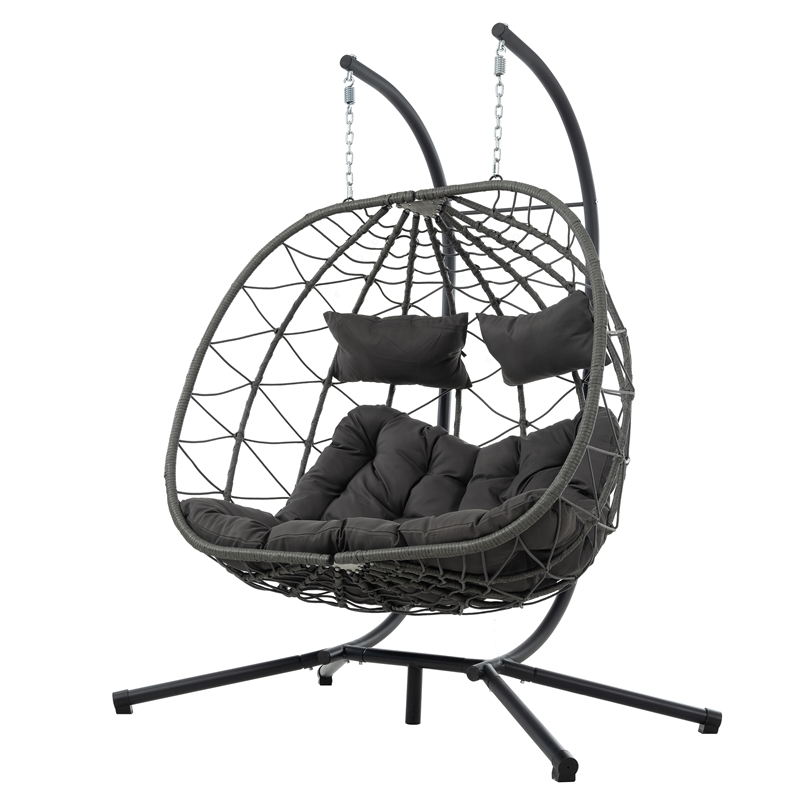 Pemberly Row Gray Steel 2-Person Foldable Hanging Egg Chair with Stand
