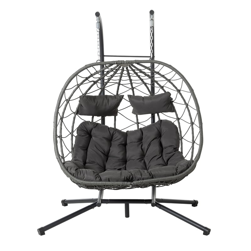 Pemberly Row Gray Steel 2-Person Foldable Hanging Egg Chair with Stand
