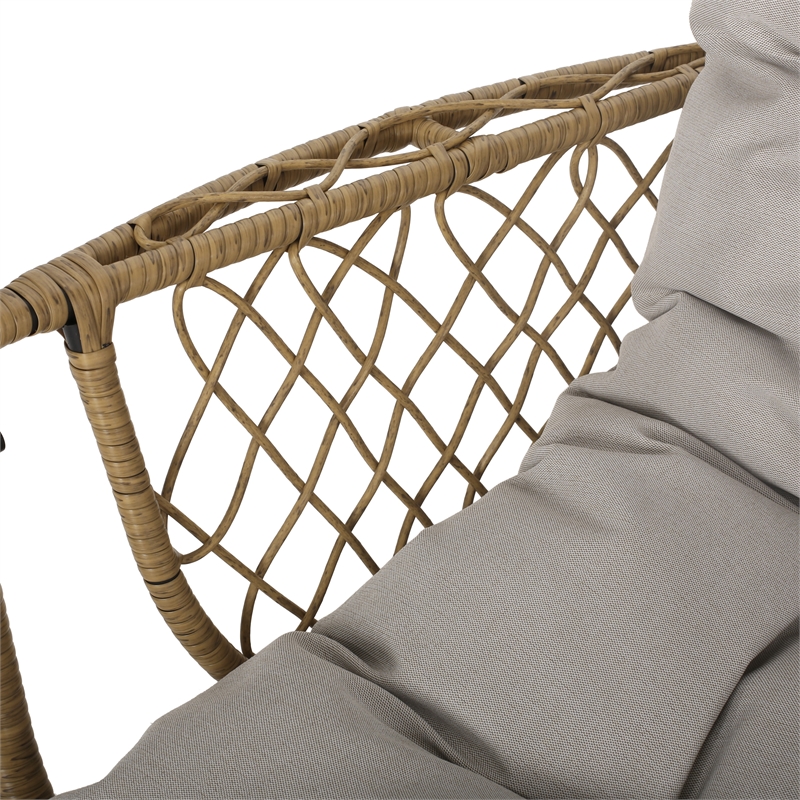 Pemberly Row Beige Wicker Teardrop Hanging Basket Chair with Cushions