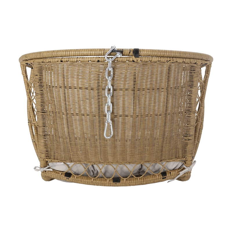 Pemberly Row Beige Wicker Teardrop Hanging Basket Chair with Cushions