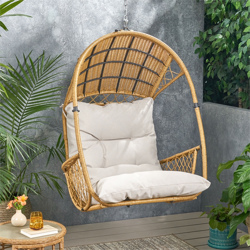 Pemberly Row Beige Wicker Teardrop Hanging Basket Chair with Cushions