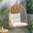 Pemberly Row Beige Wicker Teardrop Hanging Basket Chair with Cushions