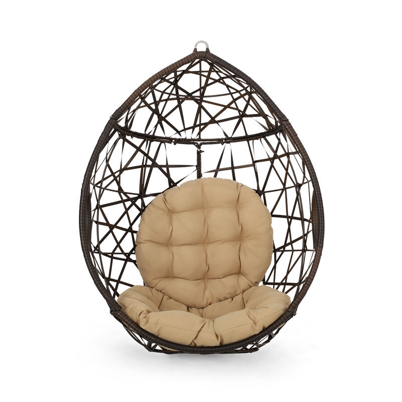 Pemberly Row Brown PE Rattan Teardrop Hanging Egg Chair with Cushions