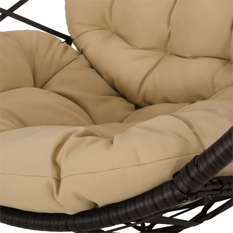 Pemberly Row Brown PE Rattan Teardrop Hanging Egg Chair with Cushions