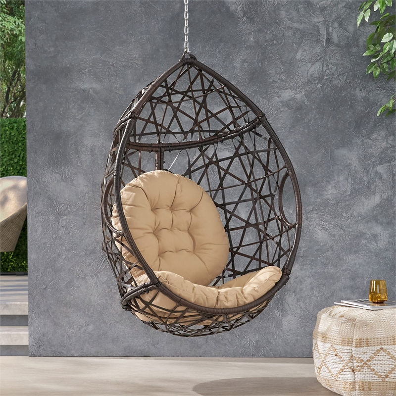 Pemberly Row Brown PE Rattan Teardrop Hanging Egg Chair with Cushions