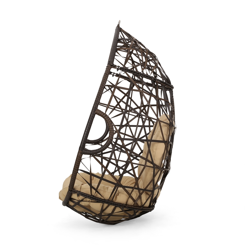 Pemberly Row Brown PE Rattan Teardrop Hanging Egg Chair with Cushions