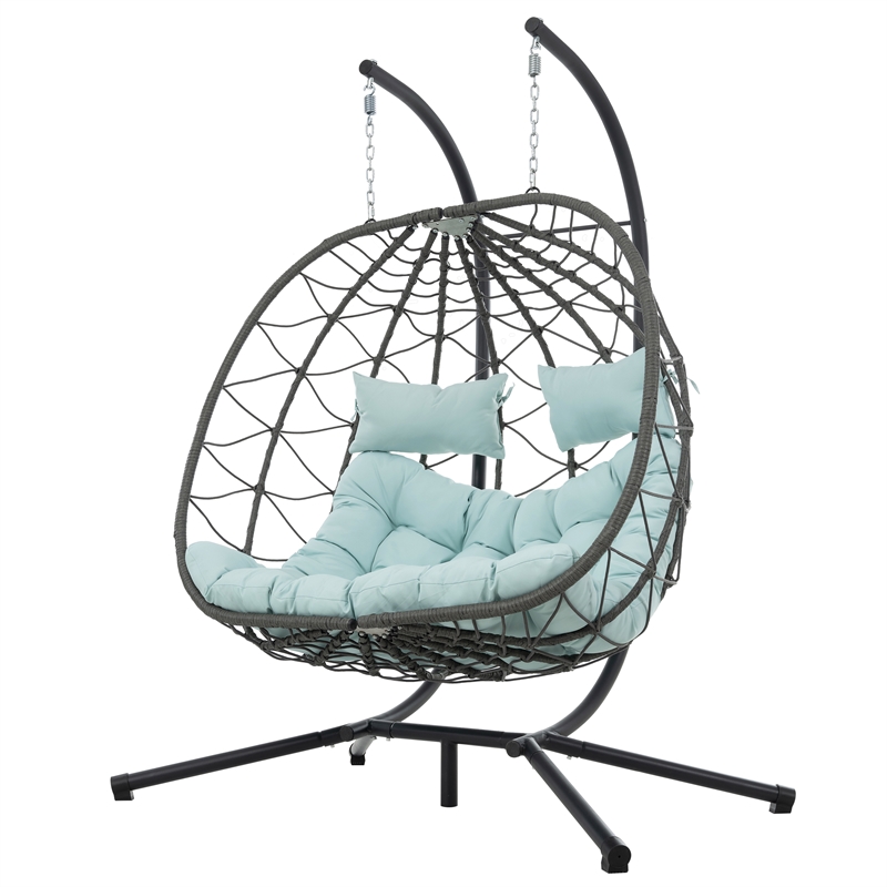 Pemberly Row Blue Steel 2-Person Wicker Hanging Egg Chair with Stand