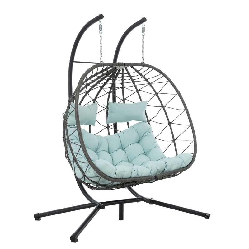 Pemberly Row Blue Steel 2-Person Wicker Hanging Egg Chair with Stand