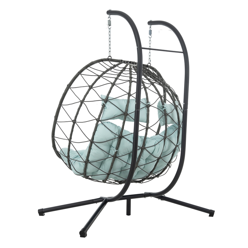 Pemberly Row Blue Steel 2-Person Wicker Hanging Egg Chair with Stand