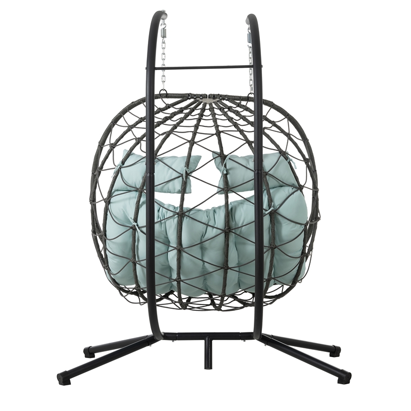 Pemberly Row Blue Steel 2-Person Wicker Hanging Egg Chair with Stand