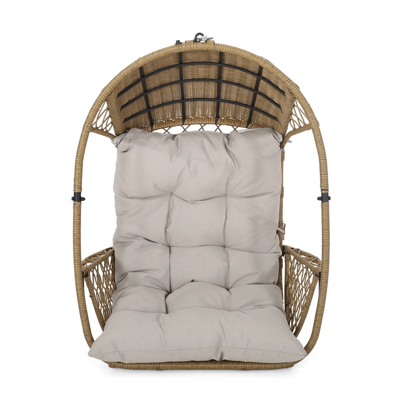 Pemberly Row Beige Fabric Rattan Hanging Basket Chair with 8 ft Chain