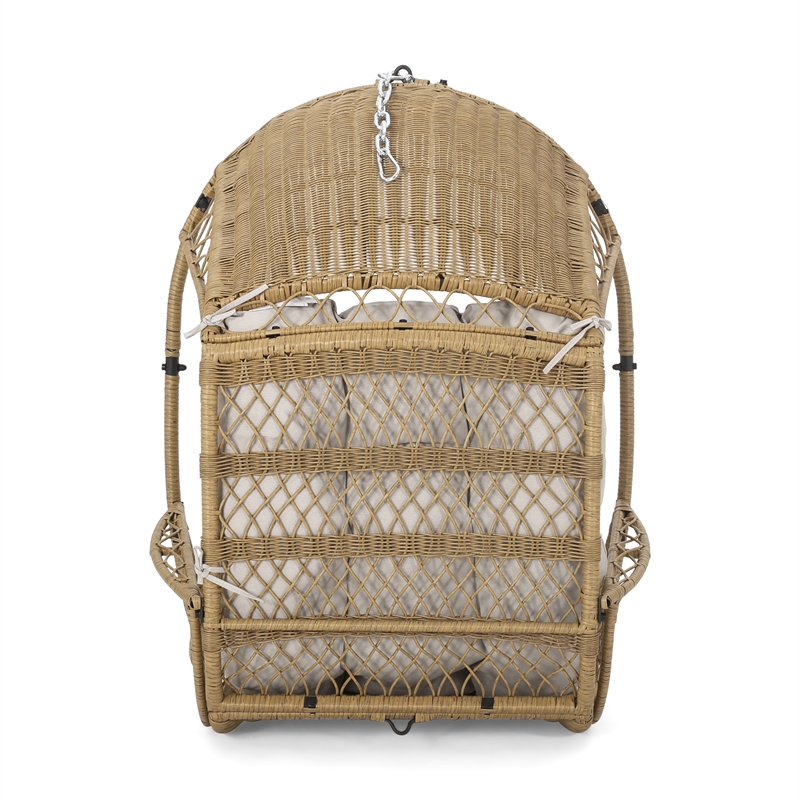 Pemberly Row Beige Fabric Rattan Hanging Basket Chair with 8 ft Chain