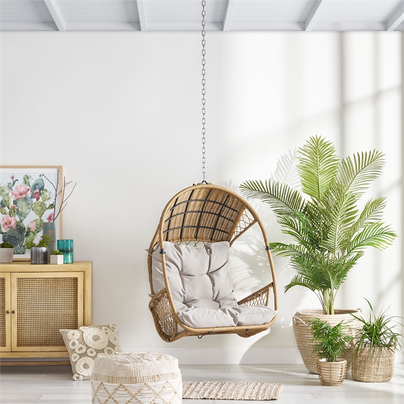 Pemberly Row Beige Fabric Rattan Hanging Basket Chair with 8 ft Chain