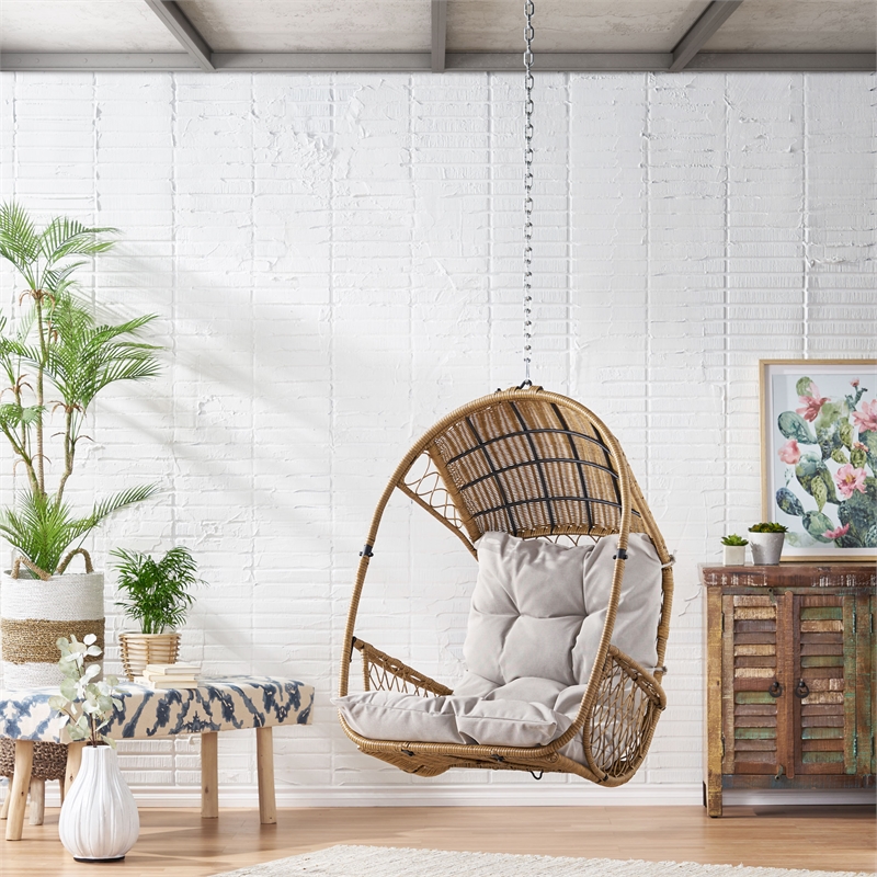 Pemberly Row Beige Fabric Rattan Hanging Basket Chair with 8 ft Chain
