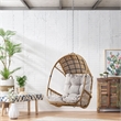 Pemberly Row Beige Fabric Rattan Hanging Basket Chair with 8 ft Chain