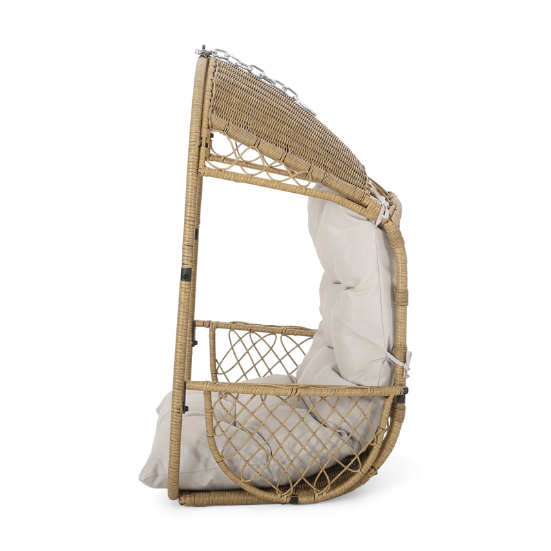 Pemberly Row Beige Fabric Rattan Hanging Basket Chair with 8 ft Chain