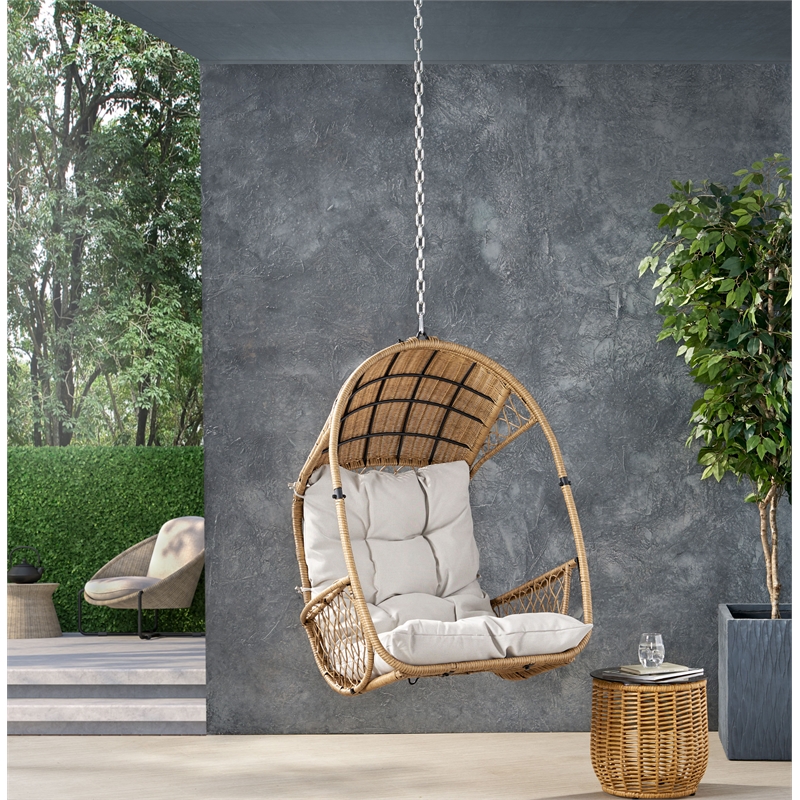 Pemberly Row Beige Fabric Rattan Hanging Basket Chair with 8 ft Chain