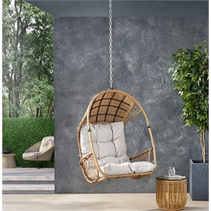 Pemberly Row Beige Fabric Rattan Hanging Basket Chair with 8 ft Chain