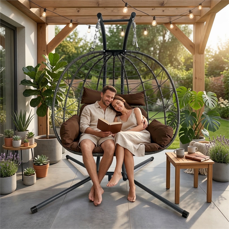 Pemberly Row Brown Rattan Double Hanging Egg Chair with Stand and Cushion