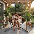 Pemberly Row Brown Rattan Double Hanging Egg Chair with Stand and Cushion