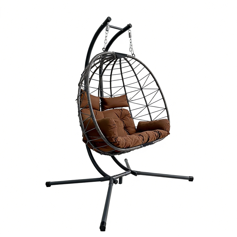 Pemberly Row Brown Rattan Double Hanging Egg Chair with Stand and Cushion