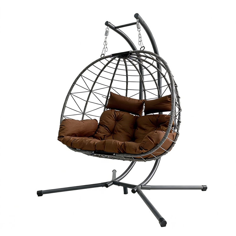 Pemberly Row Brown Rattan Double Hanging Egg Chair with Stand and Cushion