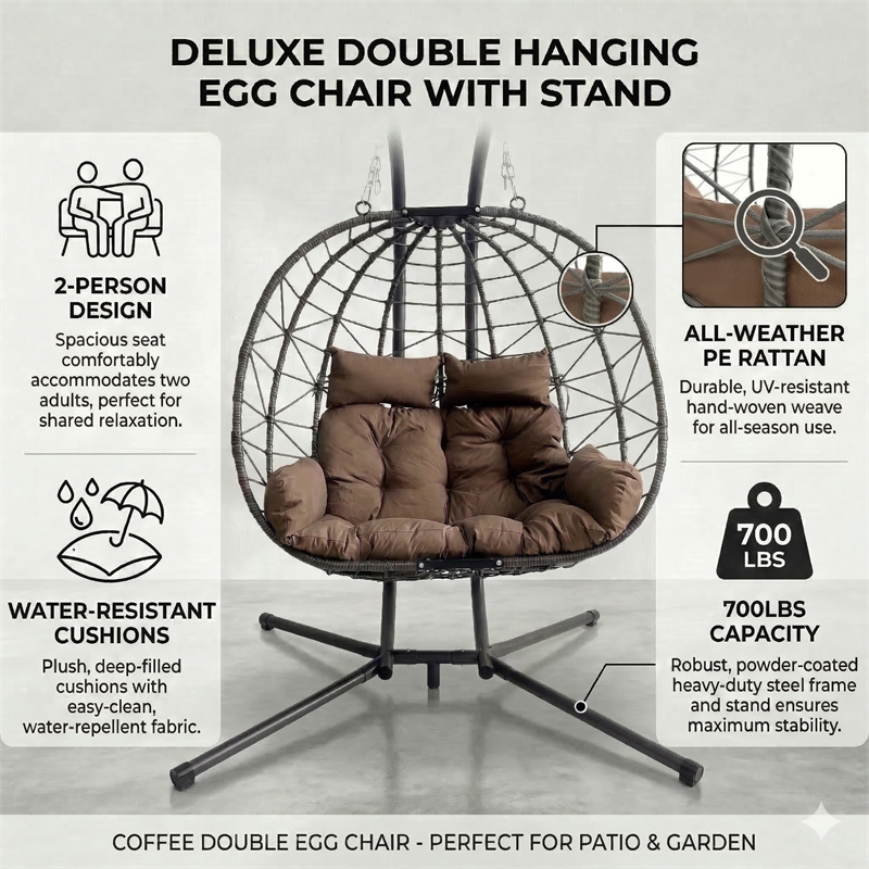 Pemberly Row Brown Rattan Double Hanging Egg Chair with Stand and Cushion