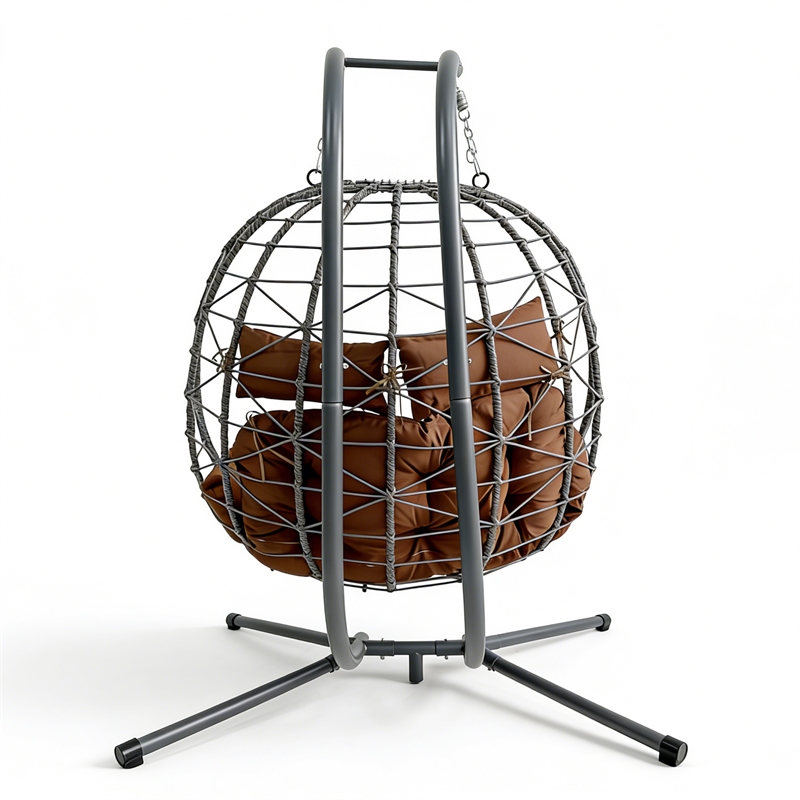 Pemberly Row Brown Rattan Double Hanging Egg Chair with Stand and Cushion