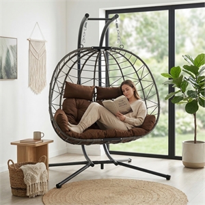 Pemberly Row Brown Rattan Double Hanging Egg Chair with Stand and Cushion