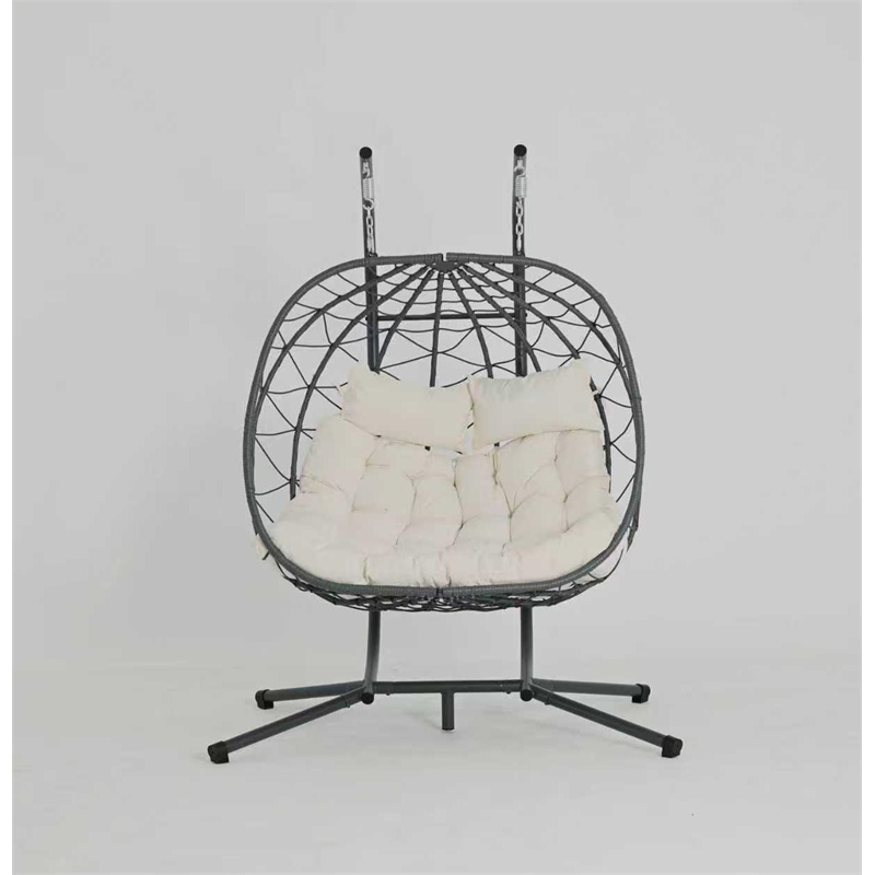 Pemberly Row Beige Steel 2-Person Wicker Hanging Egg Chair with Stand