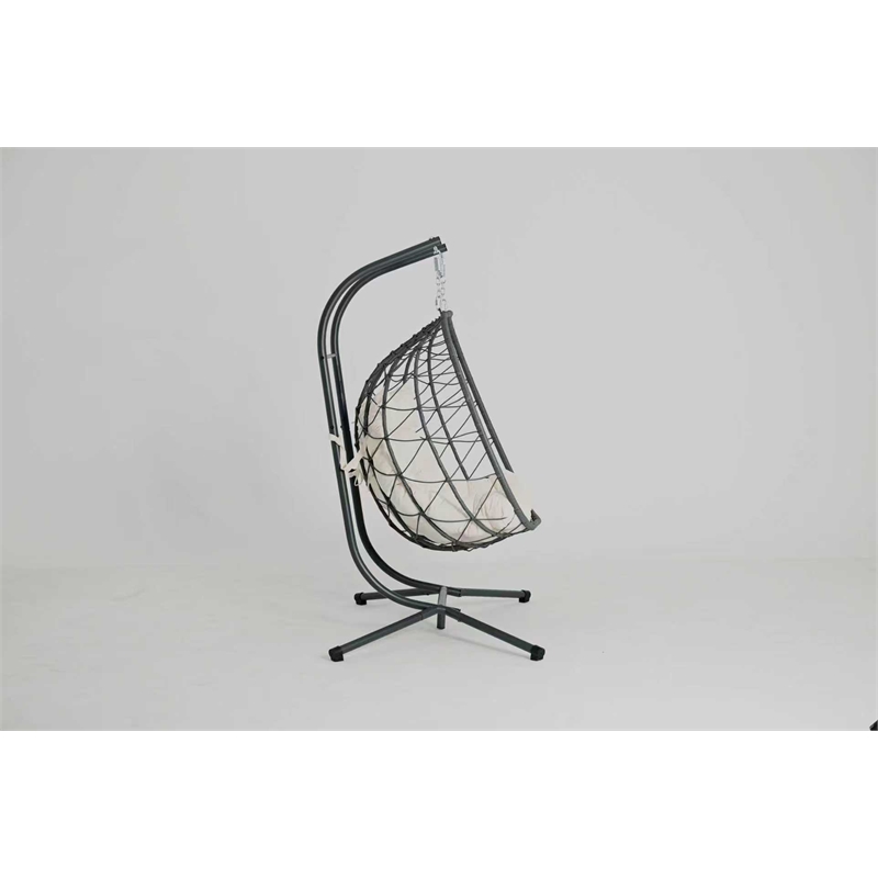 Pemberly Row Beige Steel 2-Person Wicker Hanging Egg Chair with Stand